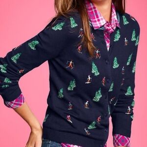 Talbots Novelty Ski Snowy Trees Sweater Cardigan Navy Blue XP NWT